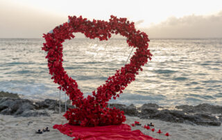Red rose heart arch glowing at sunset on the beach